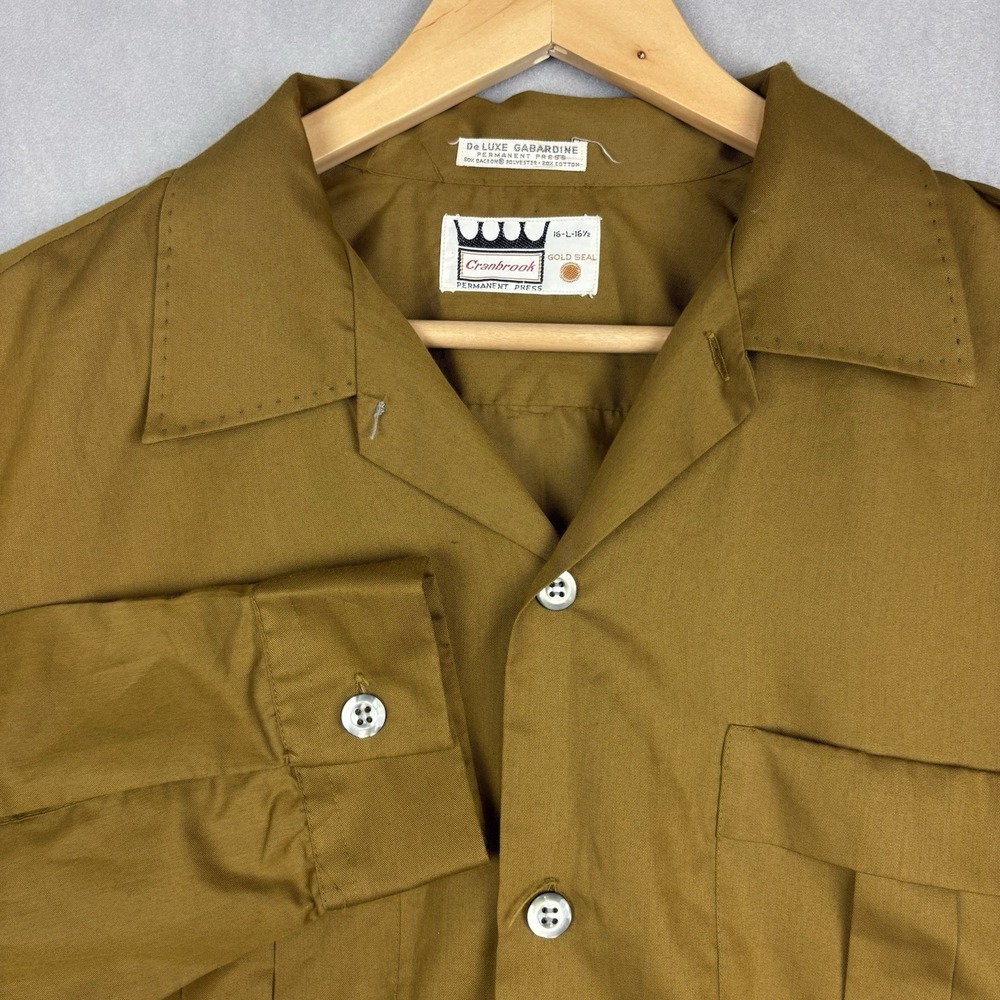 Vintage 60s Gabardine Shirt Mens Large Brown Long Sleeve Rockabilly Poly Cotton